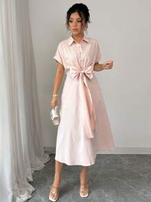 Elenzga Abito dalle linee semplici e minimal, elegante e comodo per lavoro e tempo libero, in colore unito, con cintura in vita a fiocco, chiusura lampo a metà e scollo avvolgente, adatto a occasioni casual e vacanze