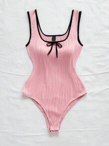 Soleia New Tie Ribbon Bow Knit Bodysuit, Elegant Color Block Vacation Casual Versatile - Baby Pink - View 9