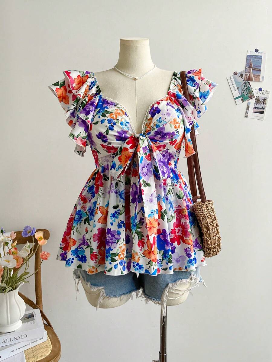 Soleia Áo sơ mi nữ tay ngắn in họa tiết hoa nhiều màu cỡ lớn có cổ nơ Bohemian Boho lãng mạn hoa kỳ nghỉ hoa - Nhiều màu - Xem 1