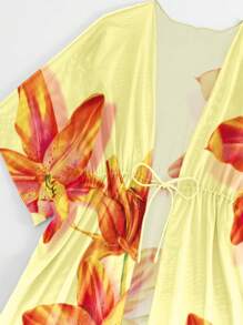 SHEIN Swim 女士花卉印花蝙蝠袖和服罩衫，适合度假 - 彩色 - 查看 4