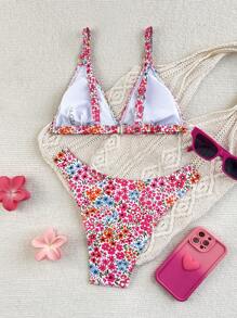 SHEIN Swim Women's Floral Print Sexy Bikini Swimsuit Set, Split Swimwear, Random Print Pattern - Multicolor - View 3