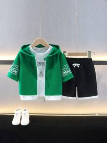 Set de 2 piezas (Sudadera con capucha deportiva informal de estilo universitario + Pantalones cortos) para niño, adecuado para uso escolar y diario, para primavera/verano