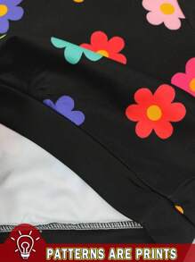SHEIN 2 件女婴可爱花卉印花柔软针织套头连帽衫和运动裤套装，适合秋冬季 - 彩色 - 查看 7