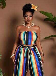 Maweii 2pcs/Set Plus Size Colorful 2025 New Arrival Slimming & Height-Increasing High Waist Outfit - Multicolor - View 6