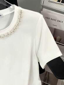 Franclia Women's Casual Studded And Chain Decor Round Neck Short Sleeve T-Shirt, Summer - White - View 6
