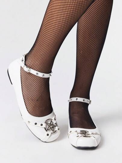 Goth Zapatos planos casuales para mujer con puntera redonda y remaches en forma de estrella
