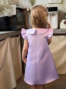 SHEIN Young Girl 4-7Y Elegant Luxurious Sweet Cute 3D Flower Embroidered Collar Cap Sleeve Princess Dress, Formal Party Dress Suitable For Holiday Celebration, Birthday Party, Photo Shoot, Outdoor Activity, Vacation, Daily Wear, Spring/Summer - Purple - View 2