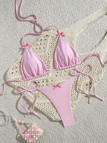 Swim Mod Set de 2 piezas de bikini de verano con parte superior y Bottom, con tirantes de espagueti, espalda descubierta y lazo, de tela brillante, en color rosa, conjunto de traje de baño elegante y lindo - Rosa - Ver 7
