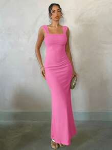 SHEIN BAE Váy dài hở lưng gợi cảm màu vàng nhạt Macaron cho kỳ nghỉ bãi biển mùa hè, thích hợp cho hẹn hò hàng ngày, đi chơi đêm, hộp đêm, tiệc tùng, tụ tập, tiệc cocktail, tiệc hồ bơi, váy ngày lễ - Hồng - Xem 2