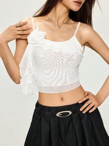INAWLY Women's Solid Color Minimalist 3D Floral Decor Mesh Tank Top - White - View 2