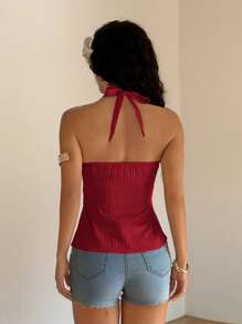 Sunnyshic Women's Plain Pleated Halter Backless Casual Sleeveless Shirt, Summer