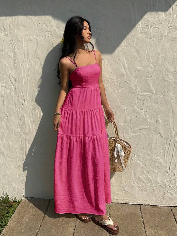 Sunnyshic Robe d'été décontractée à cordon de serrage, bustier texturé en tissu abricot clair, ample et flatteuse, sans manches