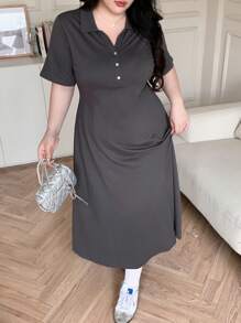 Dazy Plus Solid Color Polo Collar Slim Fit Short Sleeve Casual Long Dress For Summer