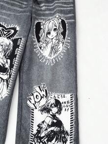 SHEIN Sparklyn 宽松休闲动漫图案阔腿裤，适合青少年女孩的街头风格日常穿着