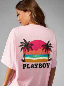 Missguided x Playboy Retro Beach Scene Graphic T-Shirt Oversized Summer Casual Holiday Palm Print Lounge Tee Vacation Paradise Sunset Design