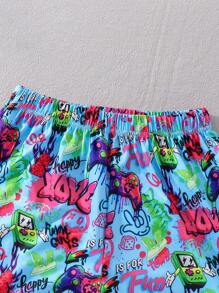 SHEIN 2pcs Tween Boy Spring/Summer New Colorful Game Controller Printed Matching Colorful Printed Knit Shorts, Street-Style, Beach Vacation, School, Campus, College