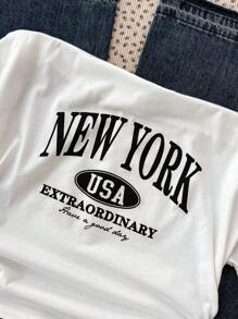 SHEIN 少女春夏休闲运动 T 恤，短款长度，肩部镂空，字母印花，白色，返校季 - 白色 - 查看 4