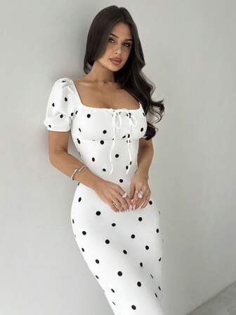 Firerie Kadın Şık Minimalist Kıvrımlı Kare Yaka Polka Dot Elbise, Günlük Giyim ve Tatil, Yaz İçin Uygun