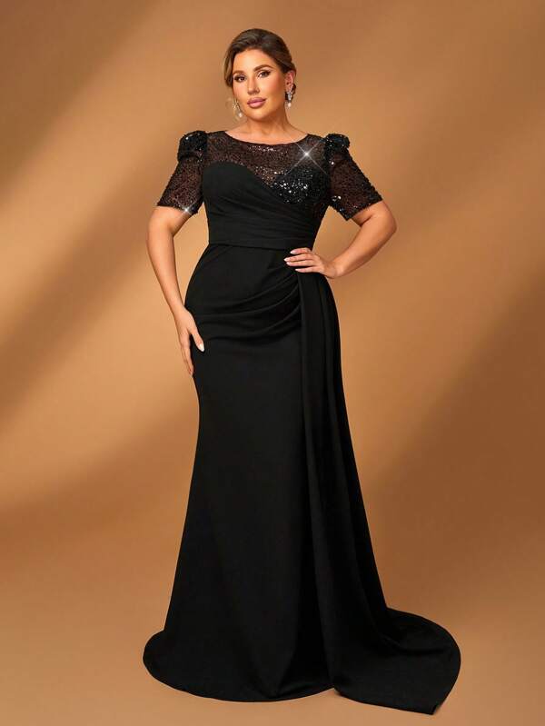 Serin Elegantes luxuriöses, elastisches Maxi-Kleid mit Rüschen, Patchwork aus Perlen und Pailletten, seitlicher Raffung und langen Ärmeln, geeignet für Hochzeiten, Partys, Feiertage, Ballkleider für Brautmütter und Kundinnen mit Große Größen
