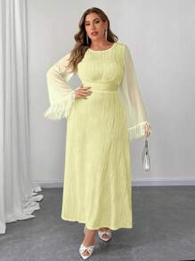 Elenzga Vestido maxi de línea A con cuello redondo, mangas acampanadas, textura de punto, cintura ceñida, para mujeres de talla grande. Vestido casual de cumpleaños para mujeres, ropa de verano y otoño para mujeres. - Amarillo - Ver 1