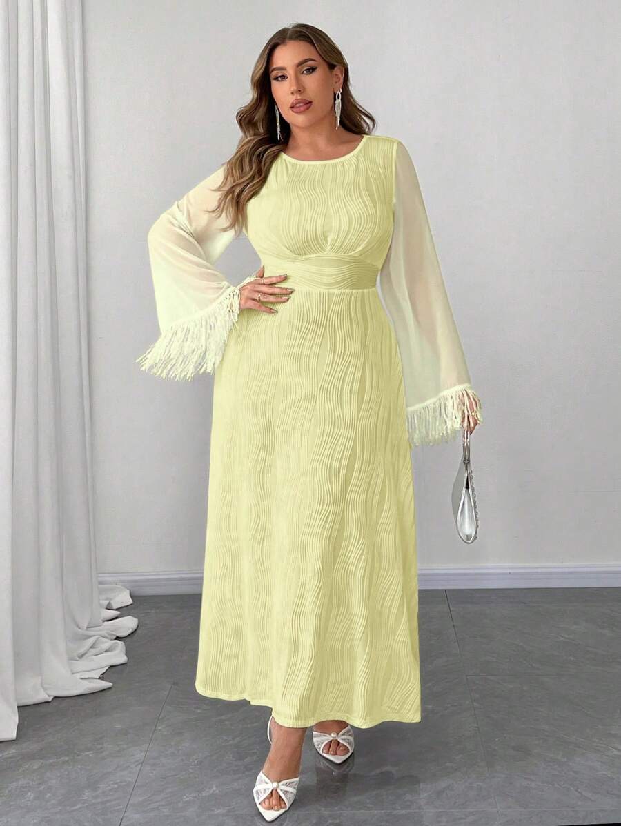 Elenzga Vestido maxi de línea A con cuello redondo, mangas acampanadas, textura de punto, cintura ceñida, para mujeres de talla grande. Vestido casual de cumpleaños para mujeres, ropa de verano y otoño para mujeres. - Amarillo - Ver 1