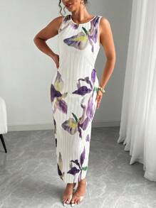 Elenzga 夏季大码花卉印花无袖束腰时尚连衣裙