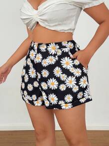 Flirla Plus Size Women Daisy Print Casual Shorts - Black and White - View 3