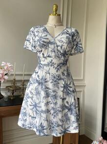 SHEIN EZwear Floral Print V-Neck A-Line Plus Size Short Sleeve Dress, Spring/Summer Bohemian Resort Style,Beach Dress Sundress,Holiday Outfits Boho - Multicolor - View 5