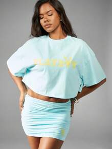 Missguided x Playboy Áo thun cotton tay ngắn mặc dạo phố thể thao giản dị thể thao tập luyện cơ bản thời trang thể thao áo thun lửng siêu mềm mùa hè - Màu xanh nhạt - Xem 1
