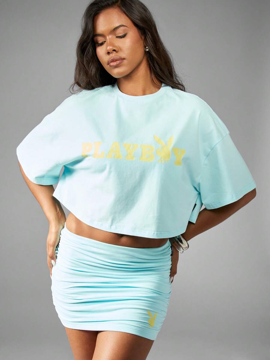 Missguided x Playboy Áo thun cotton tay ngắn mặc dạo phố thể thao giản dị thể thao tập luyện cơ bản thời trang thể thao áo thun lửng siêu mềm mùa hè - Màu xanh nhạt - Xem 1