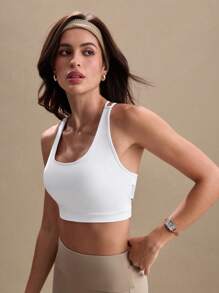 Gameset SHEIN Sport Women's Four Season Removable Padded Mesh Splicing Open Back & Waist Sports Bra, White - White - View 4