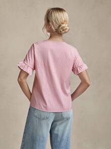 SHEIN LUNE Women's Gingham Printed Blouse With Front Tie, Ruffle Hem, Lantern Sleeve, Casual For Commuting & Outdoor Wear Summer Outfits For Women Vacation Outfits Woman Western Wear Women Boho