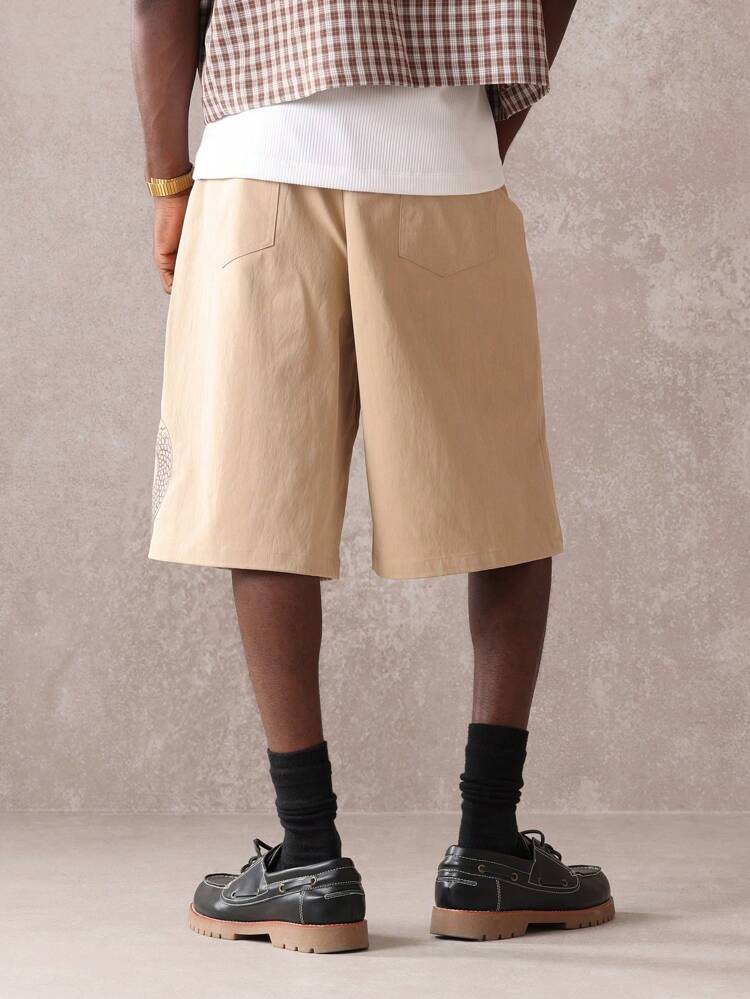 Dragon Embroidered Loose Fit Cargo Shorts