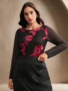 Anewsta Áo cánh mới cho mùa xuân/hè cỡ lớn, áo dài tay cổ tròn thêu hoa thanh lịch, thích hợp cho ngày lễ tình nhân, đêm hẹn hò, kỳ nghỉ ở bãi biển - Đỏ và đen - Xem 5