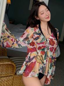 DAZY 喇叭袖宽松雪纺沙滩度假罩衫，时尚轻盈印花夏季花卉罩衫 - 彩色 - 查看 5