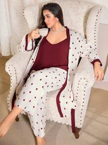 CottageSlumber Plus Size Contrast Color Heart Print Camisole Top And Pants And Robe Pajama Set Holiday Season - Burgundy - View 1