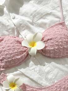 Swim Mod 2 件套女士夏季假日纯色纹理面料花卉装饰细肩带抹胸比基尼套装 - 藕粉色 - 查看 5