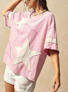 Bohemela 大码夏季休闲拼色星星贴花T恤 - 彩色 - 查看 4