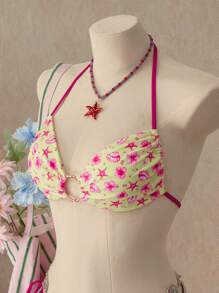Bellisia Women's Shell & Starfish Print Halter Neck Bikini Set For Summer Beach Vacation - Multicolor - View 4