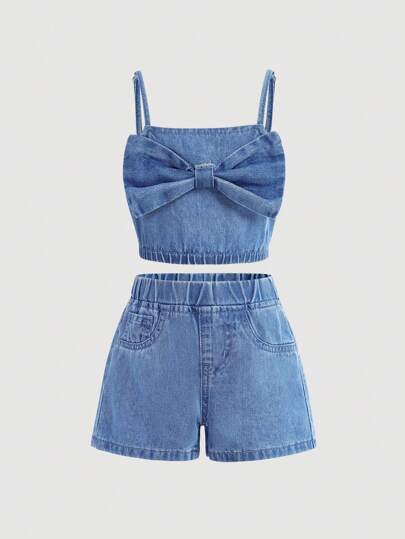 SHEIN 女婴可拆卸蓝色牛仔吊带背心，配有大蝴蝶结和宽松短裤牛仔套装