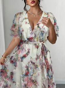 Auvina Women's Spring & Summer V-Neck Jacquard Puff Sleeve Tie-Waist Elegant Dress - Multicolor - View 4