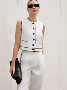 Aveloria Modichic Premium Women's White Crew Neck Vest, Contrast Striped Blazer & Straight-Leg Pants Suit, Business Attire - Black and White - View 6