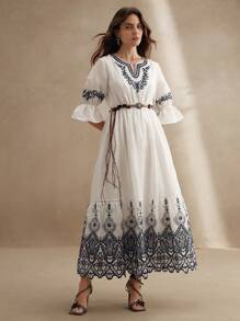 Anewsta Vintage French Embroidered Vacation Style Elegant V-Neck Women Dress