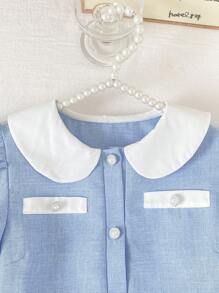 SHEIN Gaun Fashion Musim Panas Warna Biru Tua dengan Tali Serut di Pinggang, Kerah Peter Pan, dan Lengan Mengembang untuk Anak Perempuan Remaja - Biru - View 4