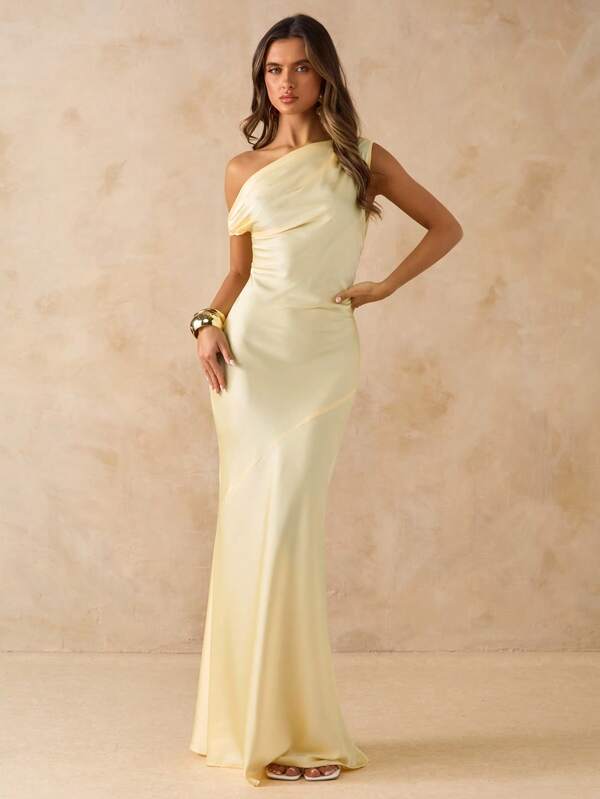 SHEIN BAE Women's Sexy Minimalist Solid Color Yellow Satin Asymmetric One Shoulder Hollow Backless Tie Up Maxi Dress, Suitable For Party, Cocktail Party, Formal Occasion, Bridesmaid Dress, Birthday Mini Dress Business Casual Woman