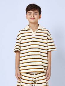 SUMWON Retro Stripe Terry Cloth Polo Short Set Summer Vacation Resort Wear Beach Co-Ord Athletic Tennis Leisure Preppy Outfit - Brown - View 5