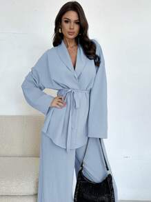 Firerie 女士优雅休闲度假通勤办公室宽松翻领系腰紧身牛仔裤和高腰宽松阔腿裤，适合秋夏季 - 淺色水洗藍 - 查看 3