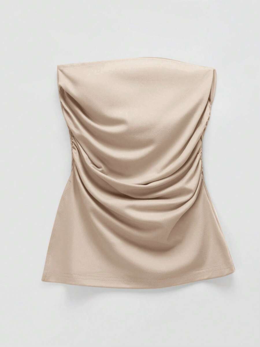 SHEIN EZwear Plus Size Black Pleated Slit Strapless Knit Stretch Top - Brown - View 1