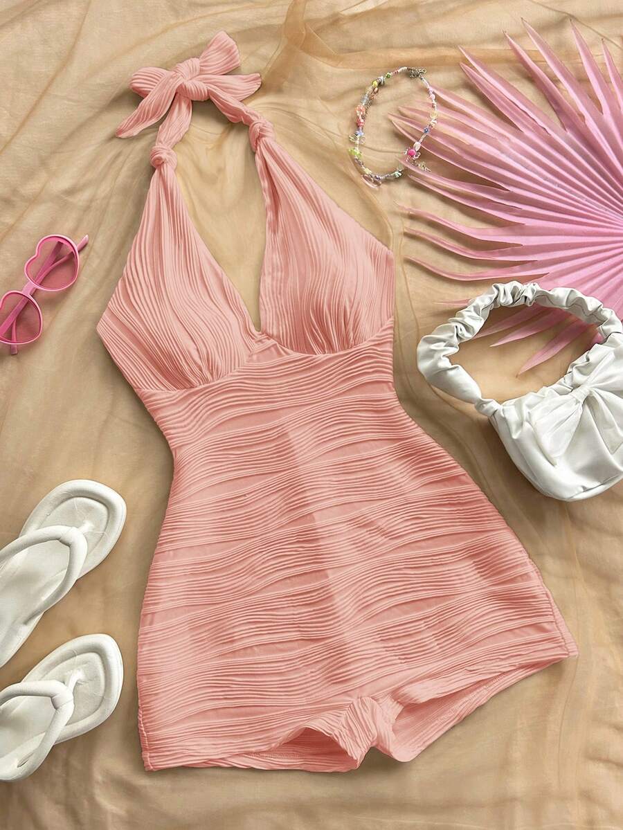 Soleia Women's White Wavy Textured Knit V-Neck Tie Front Romper, Fitted, For Beach Vacation, Party, Date, Afternoon Tea Dress Swimsuit Beach Club Outfit Halter Swimsuit One Piece Swimsuit - Pink - View 1