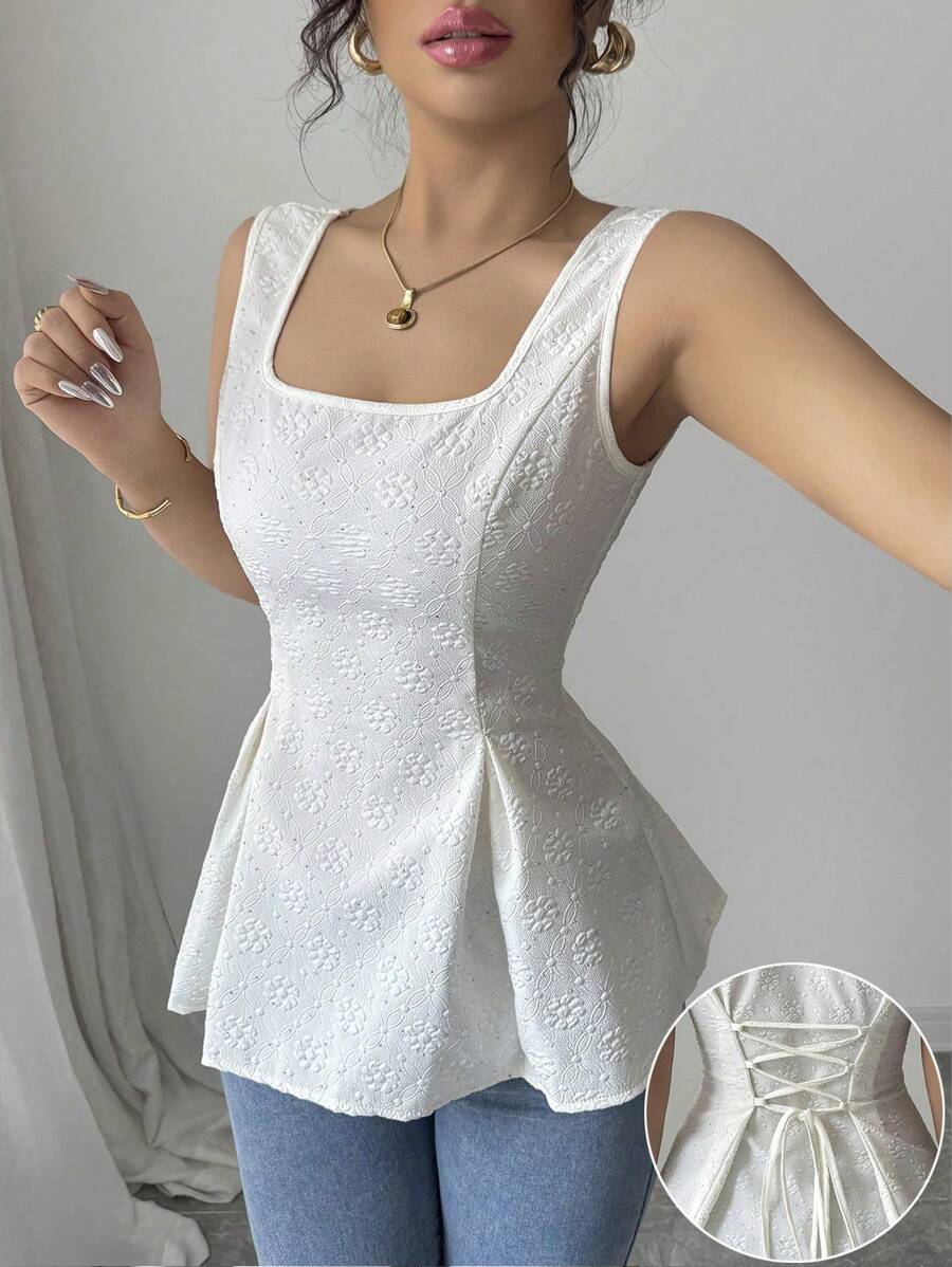 Elenzga Top corto sin mangas con cuello cuadrado y textura de rhinestone para mujer - Albaricoque - Ver 1